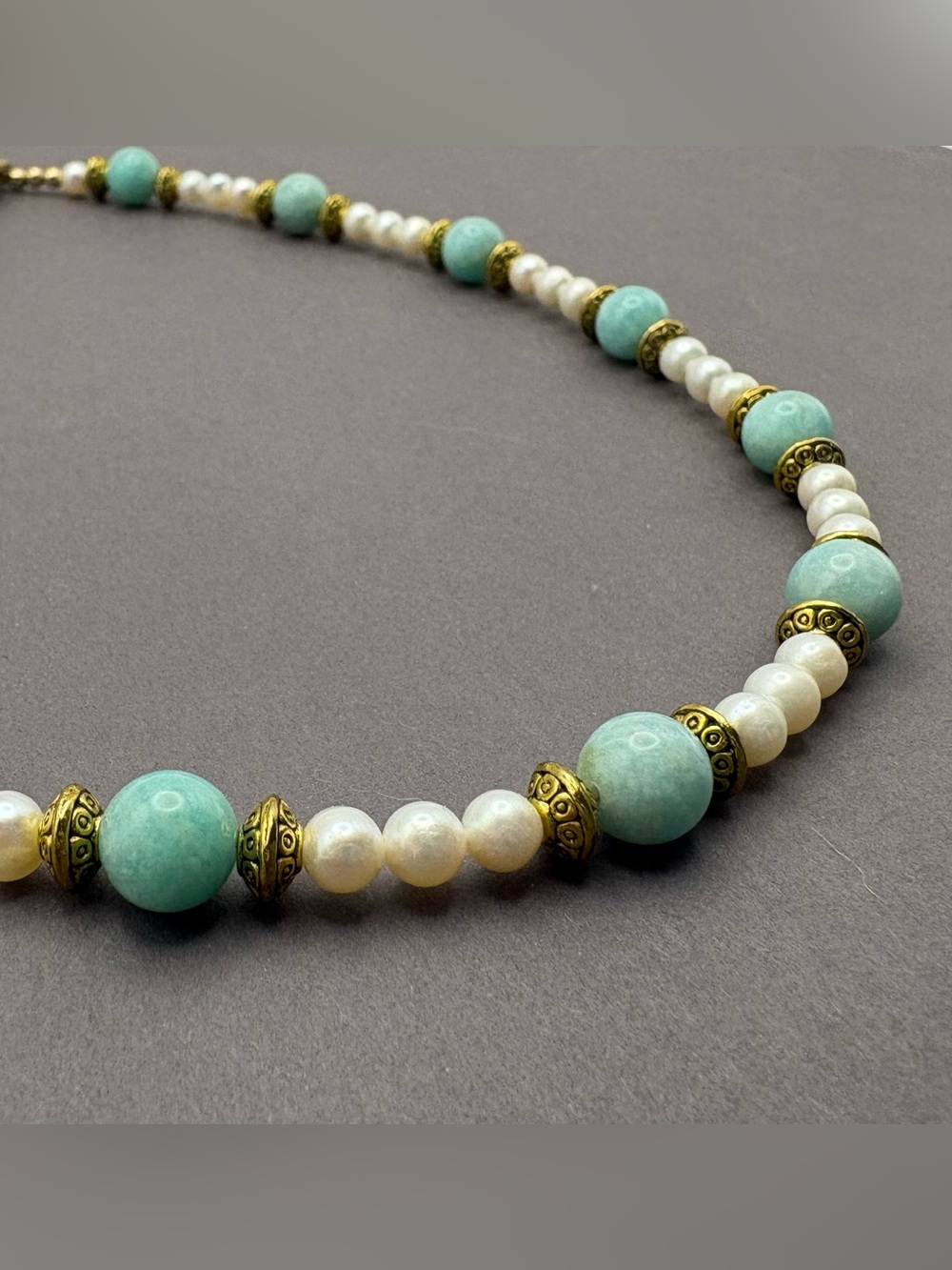 Freshwater Pearl and Amazonite Bead Necklace with Antique Gold Accents